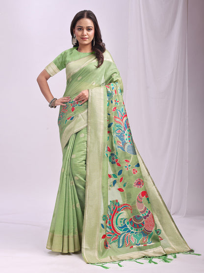 Anaita Green Linen Cotton Woven Saree With Blouse