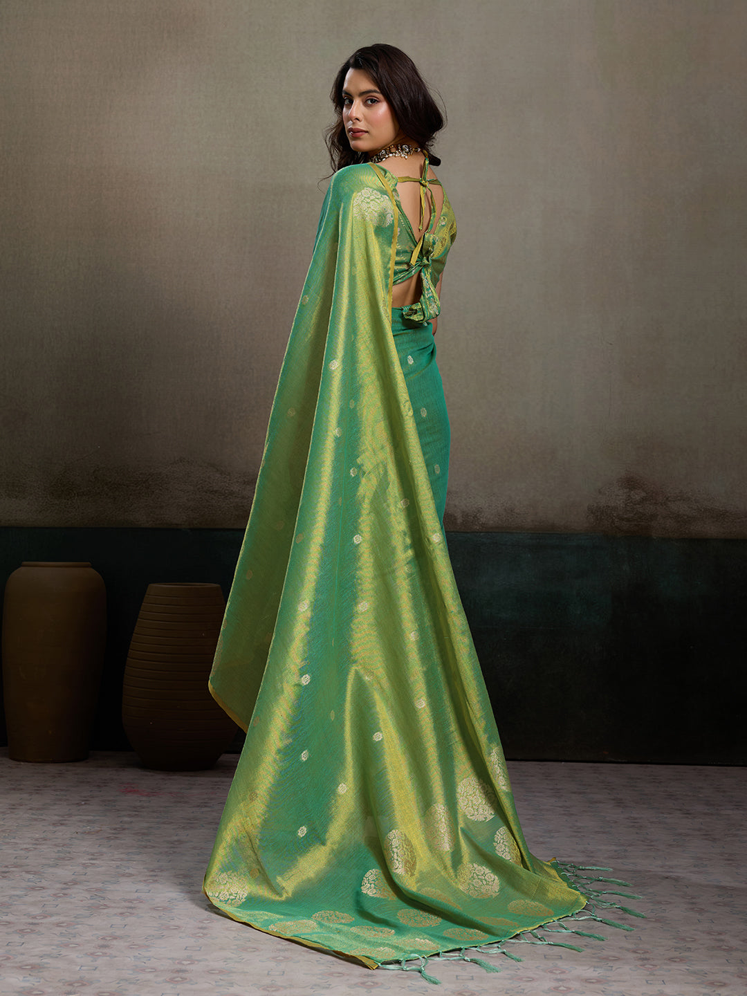 Anaita Green Tissue Silk Woven Saree With Blouse