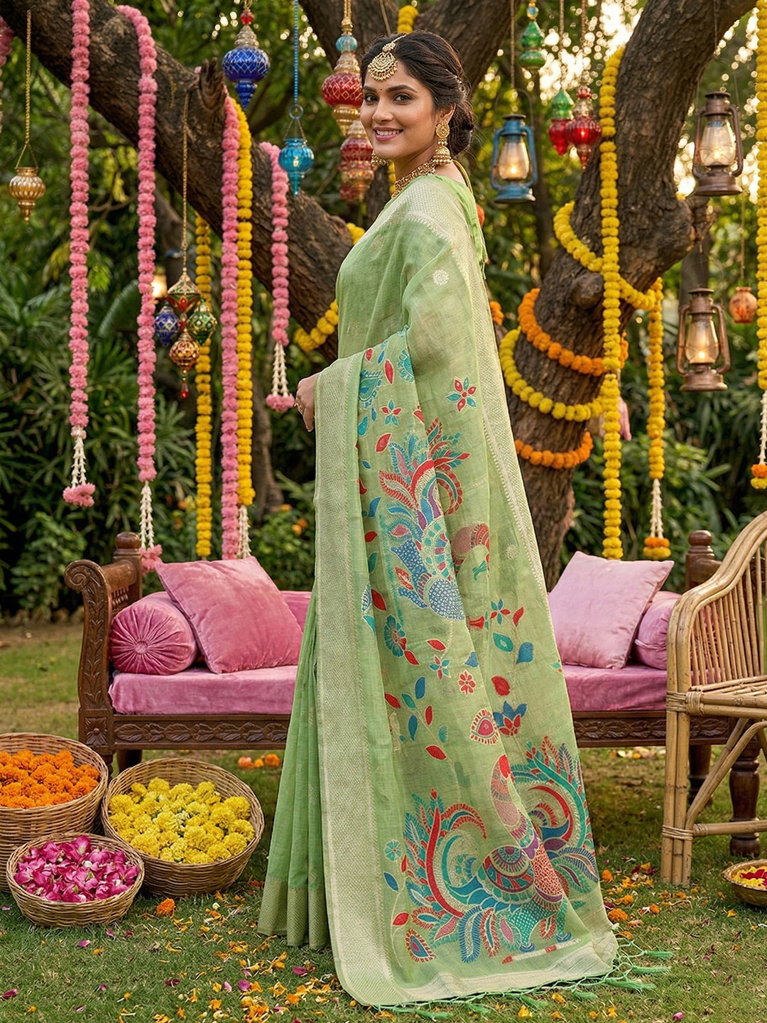 Anaita Green Linen Cotton Woven Saree With Blouse
