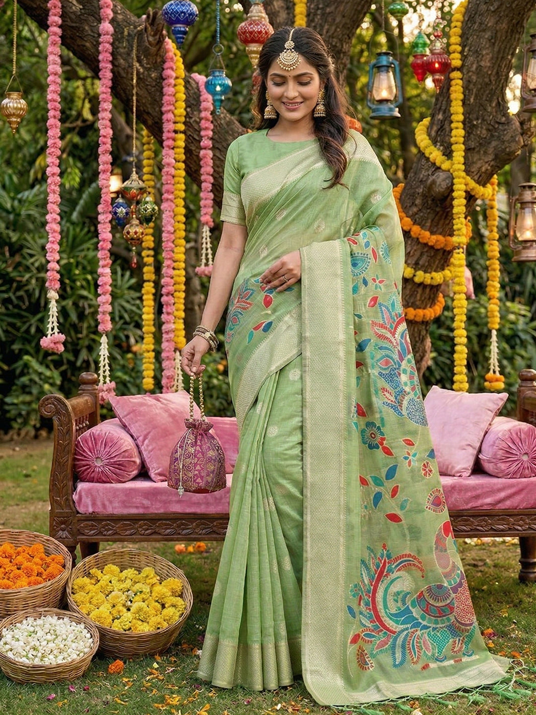 Anaita Green Linen Cotton Woven Saree With Blouse