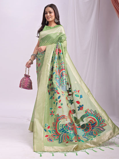 Anaita Green Linen Cotton Woven Saree With Blouse