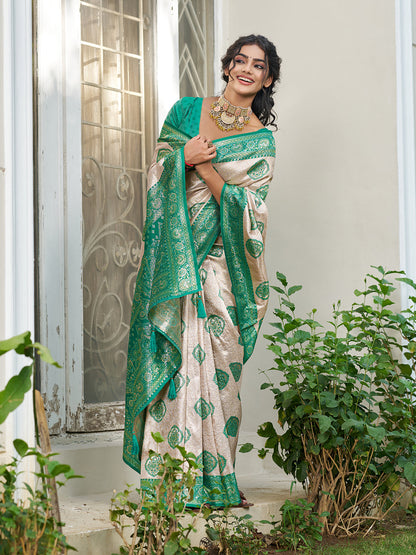 Anaita Green Silk Blend Woven Saree With Blouse
