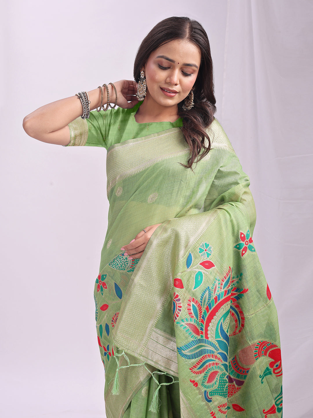 Anaita Green Linen Cotton Woven Saree With Blouse
