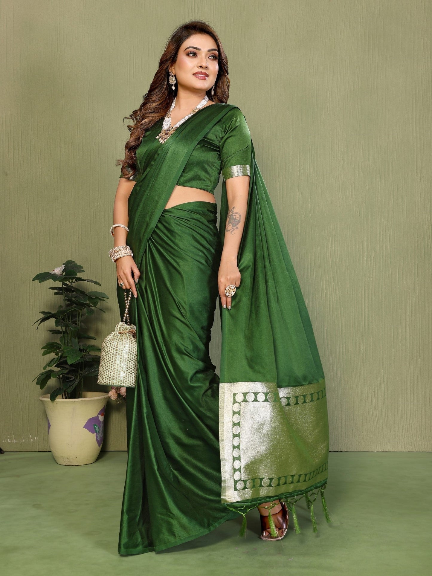 Anaita Green Zari Weaving Work Satin Silk Saree With Blouse