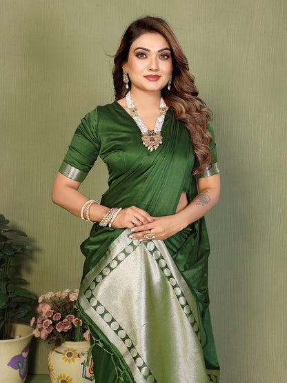 Anaita Green Zari Weaving Work Satin Silk Saree With Blouse