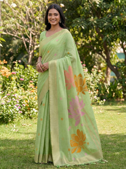 Anaita Green Linen Saree With Blouse Piece