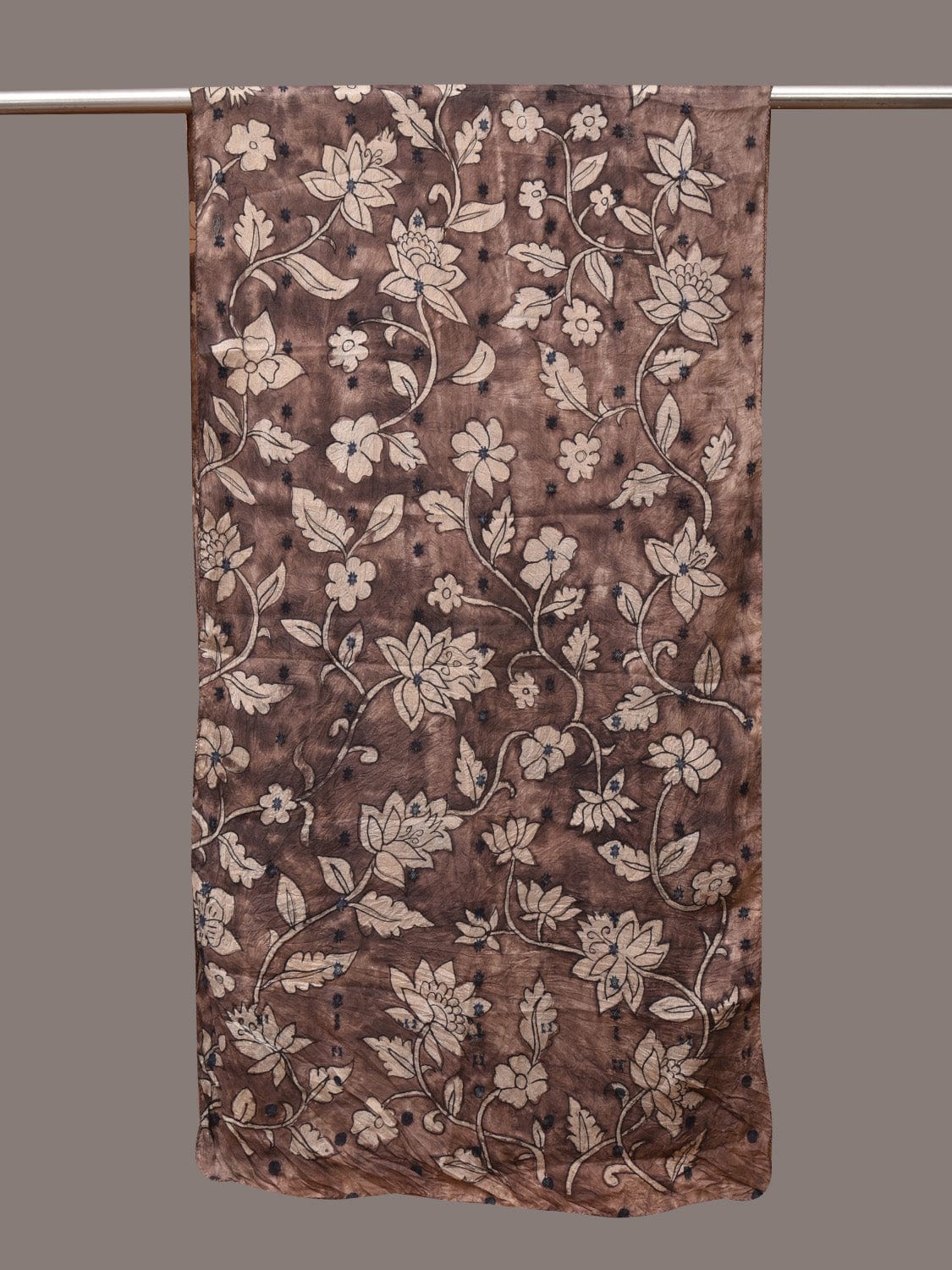 Grey Kalamkari Hand Painted Cotton Silk Stole with Floral Design - Global Threads