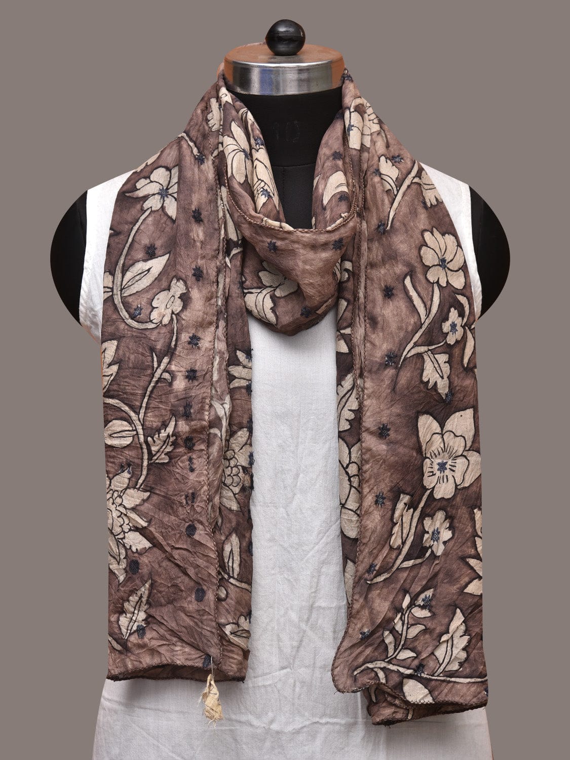 Grey Kalamkari Hand Painted Cotton Silk Stole with Floral Design - Global Threads