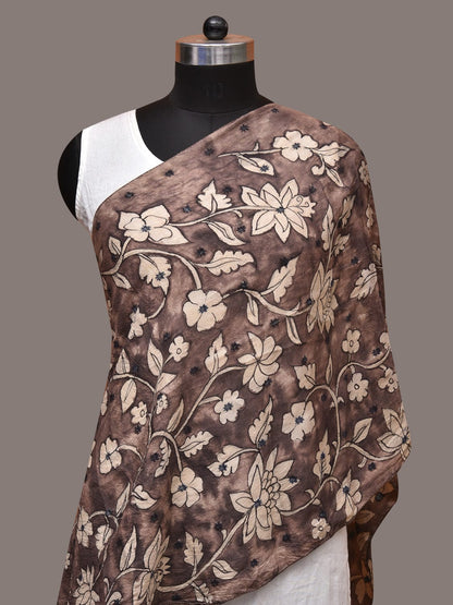 Grey Kalamkari Hand Painted Cotton Silk Stole with Floral Design - Global Threads
