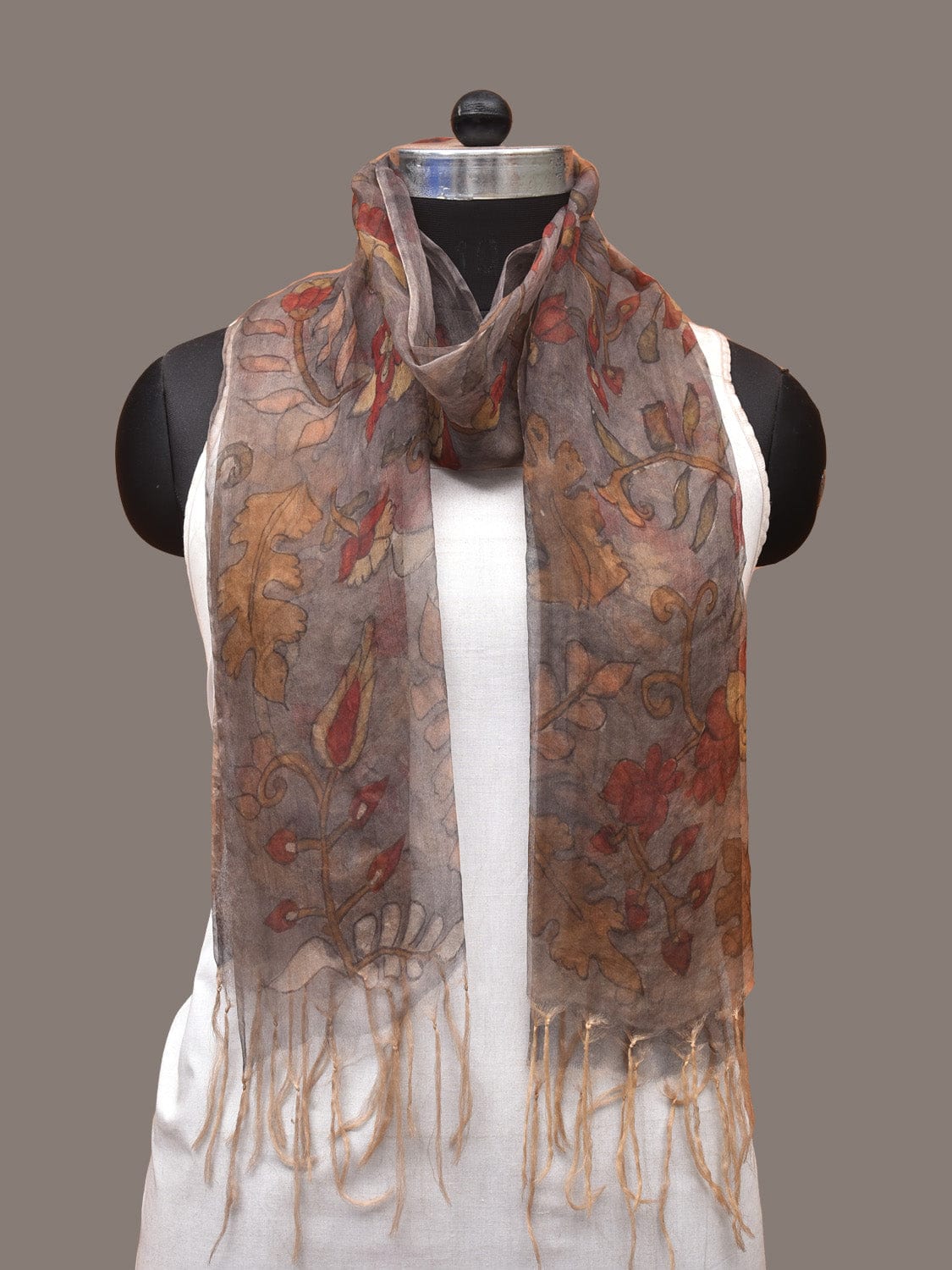 Grey Kalamkari Hand Painted Organza Stole with Floral Design - Global Threads