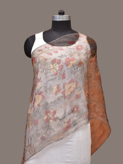 Grey Kalamkari Hand Painted Organza Stole with Floral Design - Global Threads
