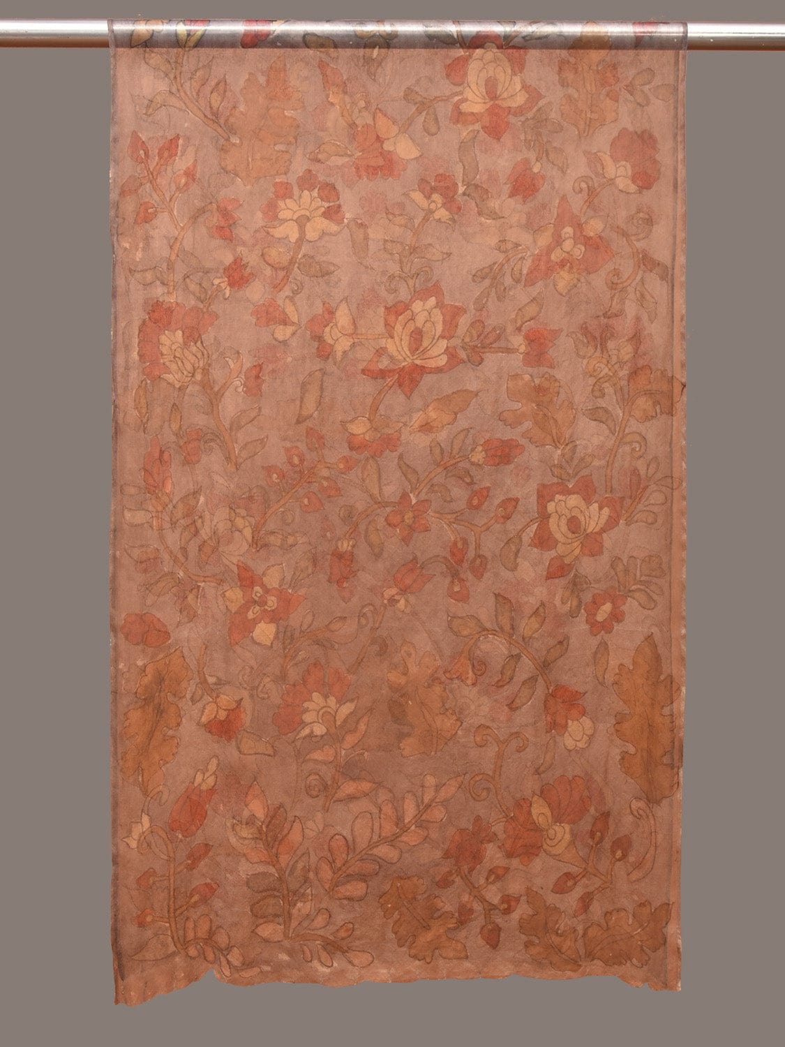 Grey Kalamkari Hand Painted Organza Stole with Floral Design - Global Threads