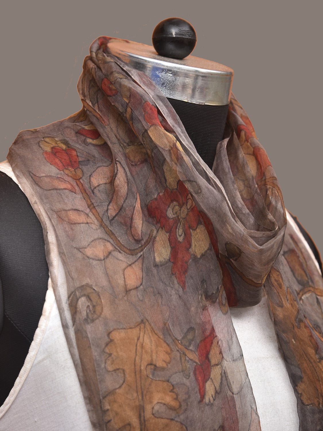 Grey Kalamkari Hand Painted Organza Stole with Floral Design - Global Threads