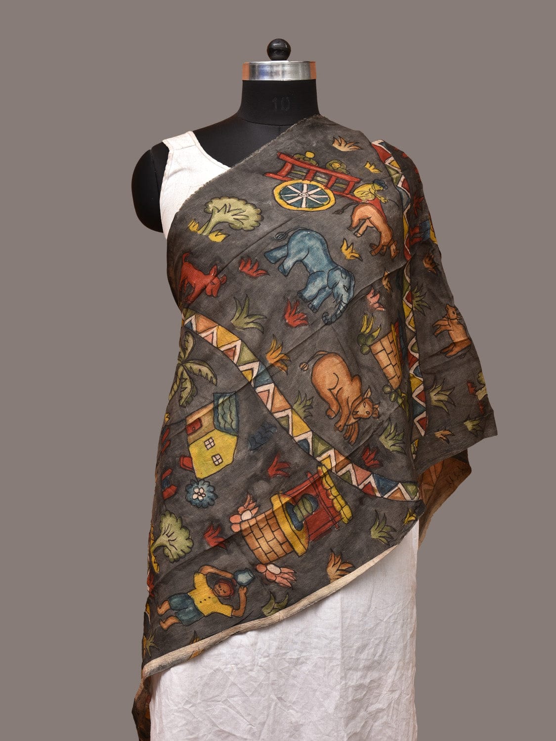 Grey Kalamkari Hand Painted Sico Stole with Village and Animals Theme Design - Global Threads