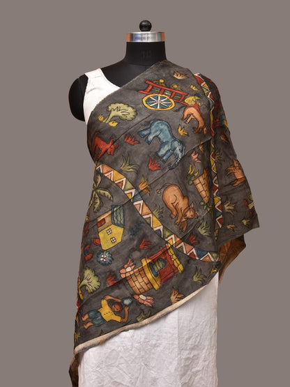 Grey Kalamkari Hand Painted Sico Stole with Village and Animals Theme Design - Global Threads
