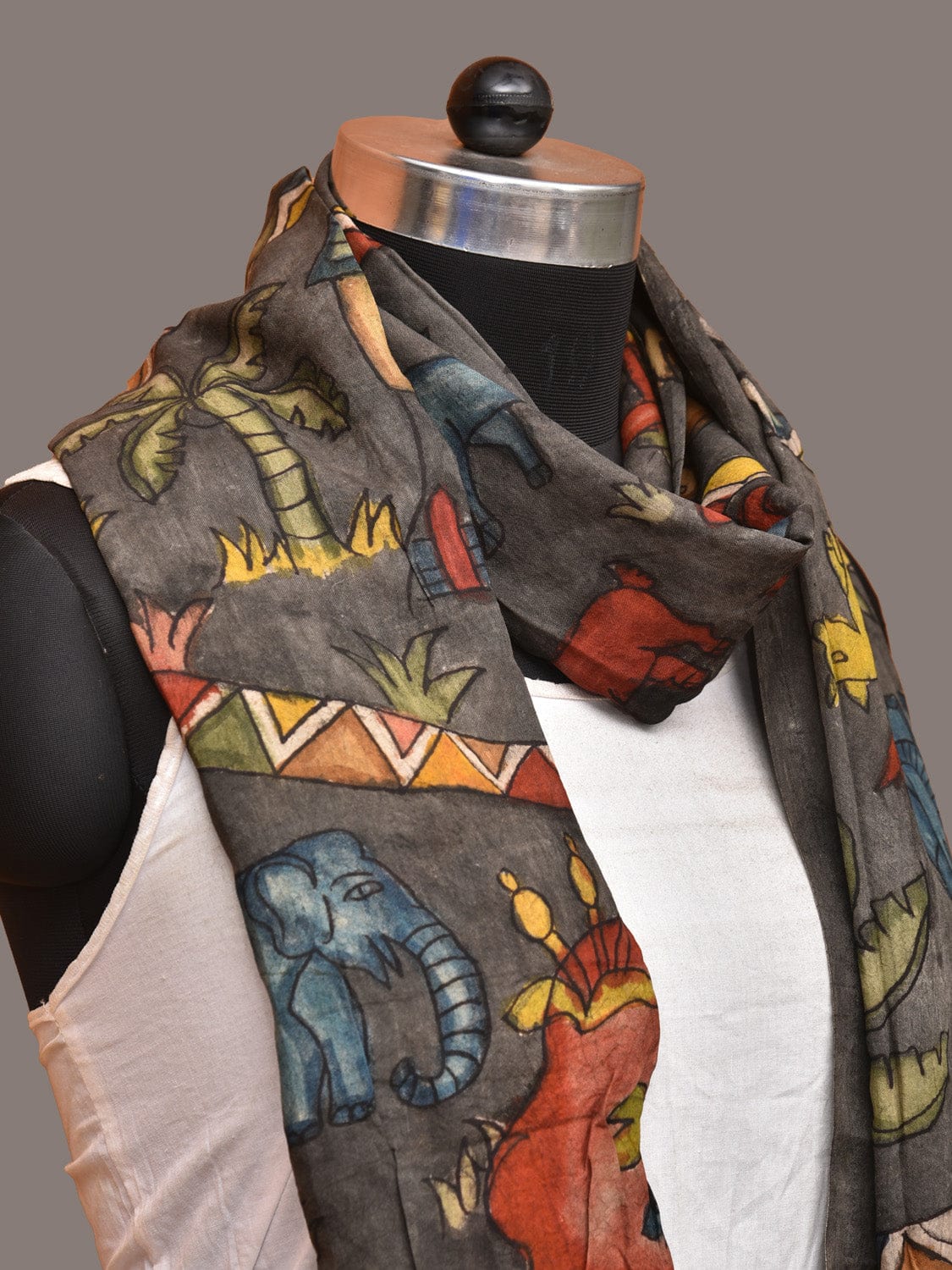 Grey Kalamkari Hand Painted Sico Stole with Village and Animals Theme Design - Global Threads