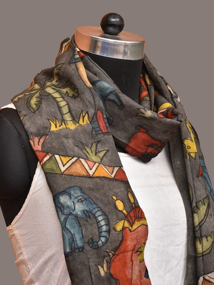 Grey Kalamkari Hand Painted Sico Stole with Village and Animals Theme Design - Global Threads