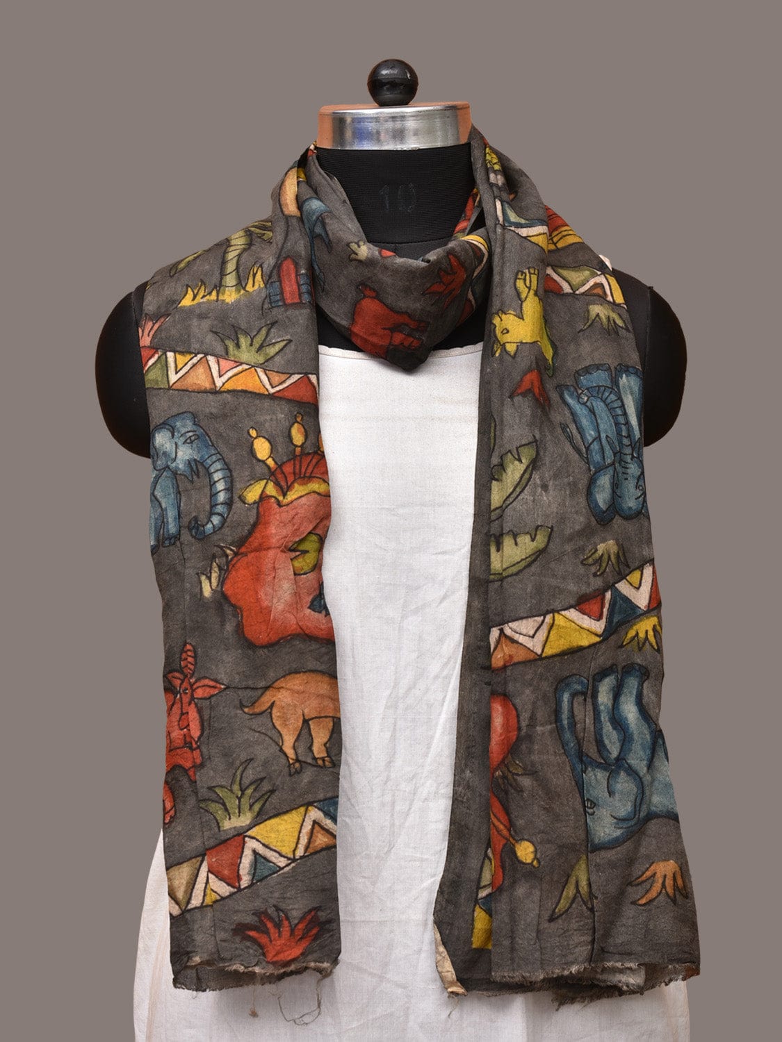 Grey Kalamkari Hand Painted Sico Stole with Village and Animals Theme Design - Global Threads