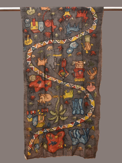 Grey Kalamkari Hand Painted Sico Stole with Village and Animals Theme Design - Global Threads