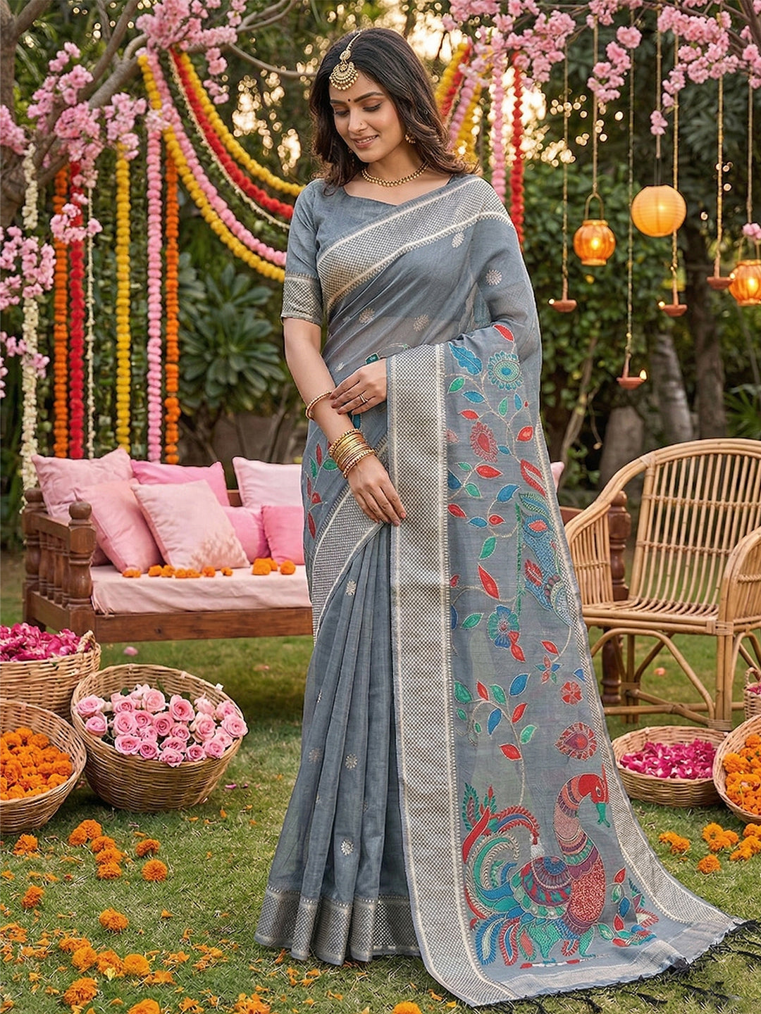 Anaita Grey Linen Cotton Woven Saree With Blouse