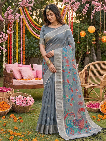 Anaita Grey Linen Cotton Woven Saree With Blouse
