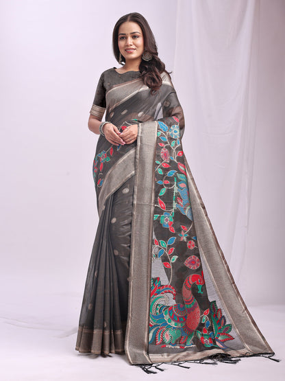 Anaita Grey Linen Cotton Woven Saree With Blouse