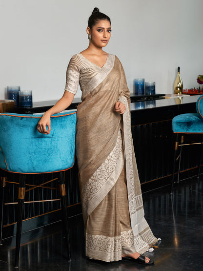 Anaita Grey Linen Zari Work Saree With Blouse