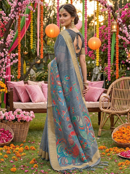 Anaita Grey Linen Cotton Woven Saree With Blouse