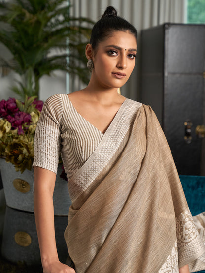 Anaita Grey Linen Zari Work Saree With Blouse