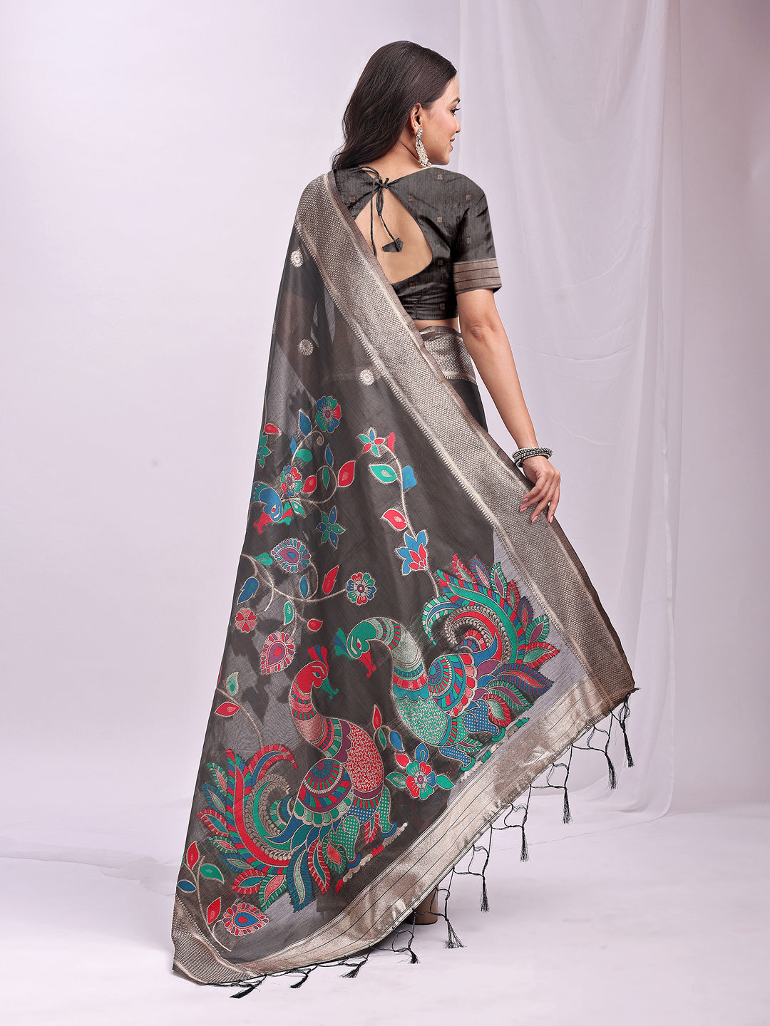 Anaita Grey Linen Cotton Woven Saree With Blouse