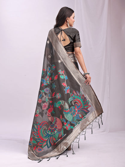 Anaita Grey Linen Cotton Woven Saree With Blouse