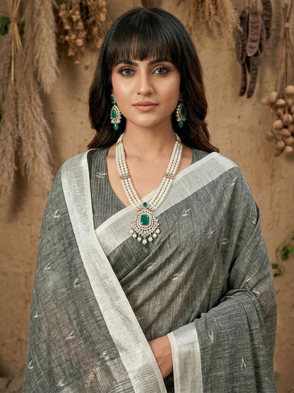 Anaita Grey Linen Cotton Zari Work Saree With Blouse