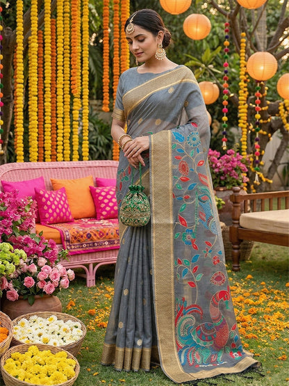 Anaita Grey Linen Cotton Woven Saree With Blouse
