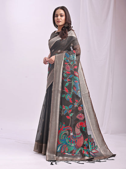 Anaita Grey Linen Cotton Woven Saree With Blouse