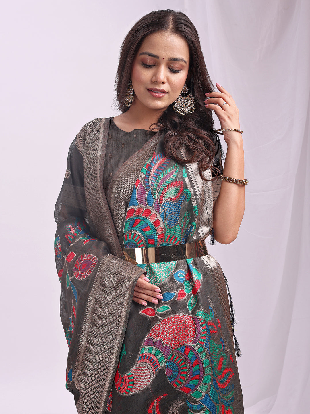 Anaita Grey Linen Cotton Woven Saree With Blouse