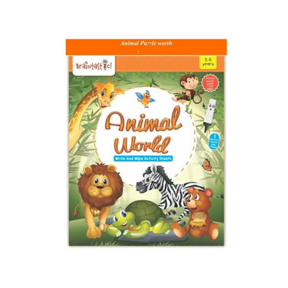 Braintastic Educational Game (3-6 yrs):Animal World / Kids Toys/Write & Wipe Activity Sheets/ Free 12 pc Puzzles