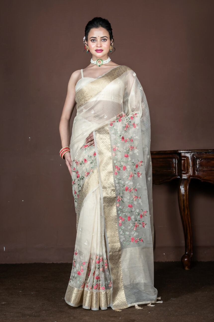 Morchari Beige Banarasi Tissue Computer Embroidery Saree Unstitched Blouse