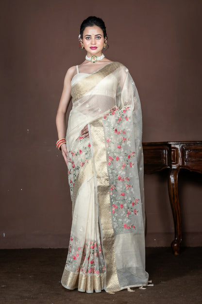 Morchari Beige Banarasi Tissue Computer Embroidery Saree Unstitched Blouse