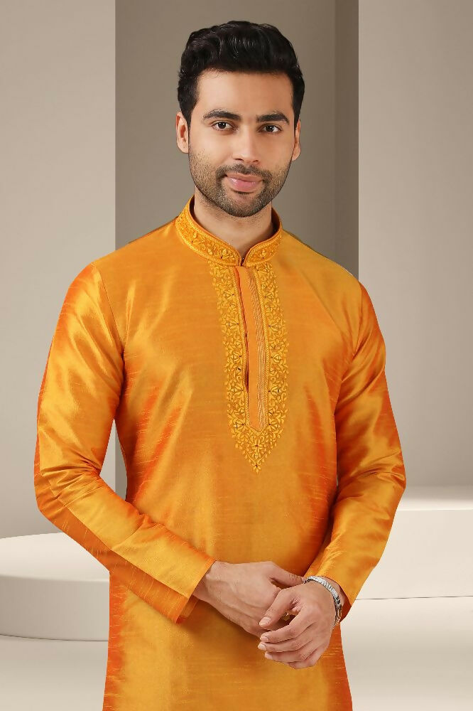 Raivat Ethnic Banarasi Art Silk Mirror Work Kurta Pajama In Mustard Colour