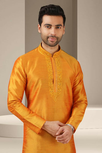 Raivat Ethnic Banarasi Art Silk Mirror Work Kurta Pajama In Mustard Colour