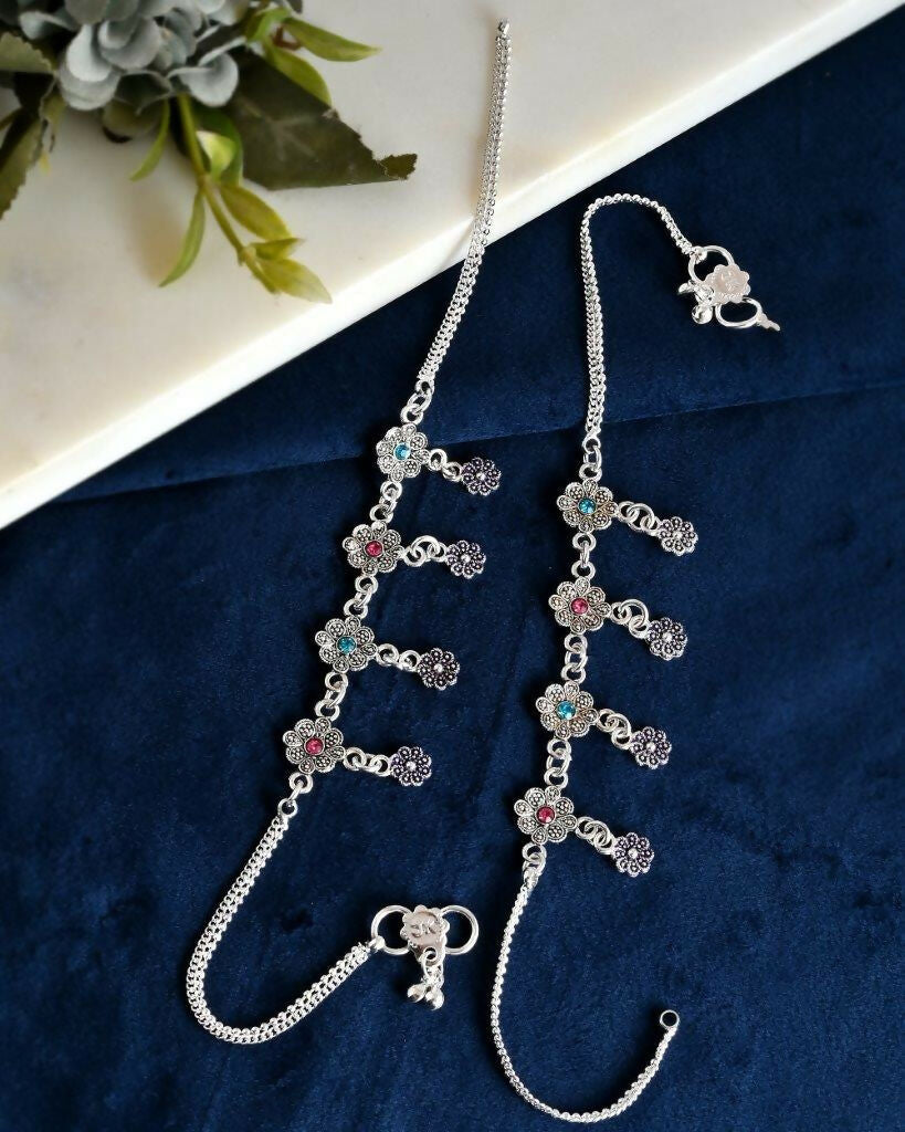VOJ Set of 2 Silver Plated Flower Shaped Meenakari Anklet