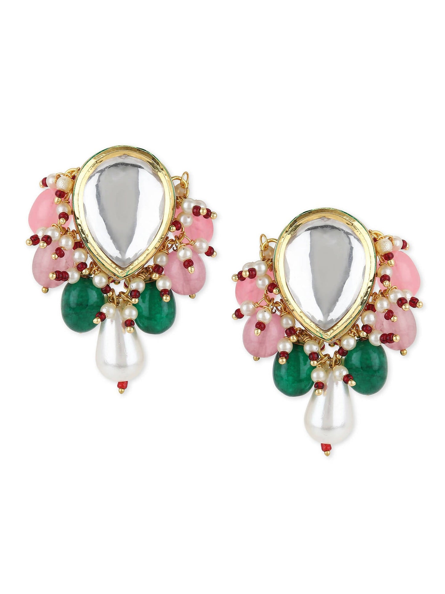 Gold-Toned White Kundan Contemporary Gold-Polished Drop Earrings - Ruby Raang