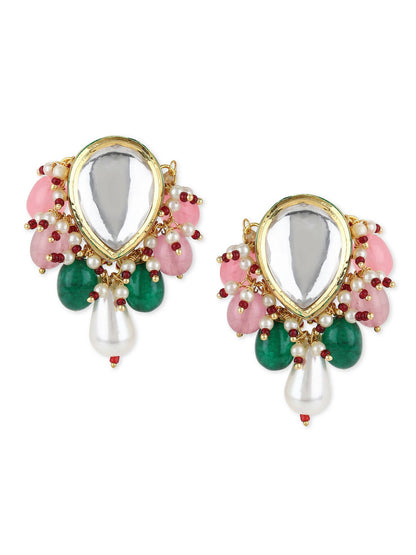 Gold-Toned White Kundan Contemporary Gold-Polished Drop Earrings - Ruby Raang