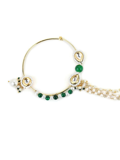 Gold-Polished White Green Kundan-Studded Pearl Beaded Nosepin - Ruby Raang