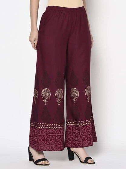 Aniyah Rayon Wine Color Block Print Flared Slip-On Palazzo (AN-173K)