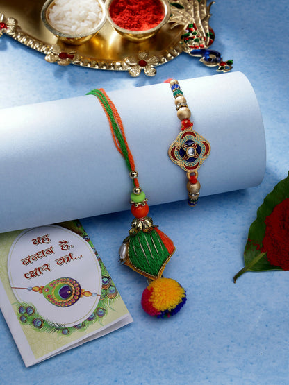 NVR Women & Men Set of 2 Multicolor Beaded Bhaiya Bhabhi Rakhi With Roli Chawal & Chocolate