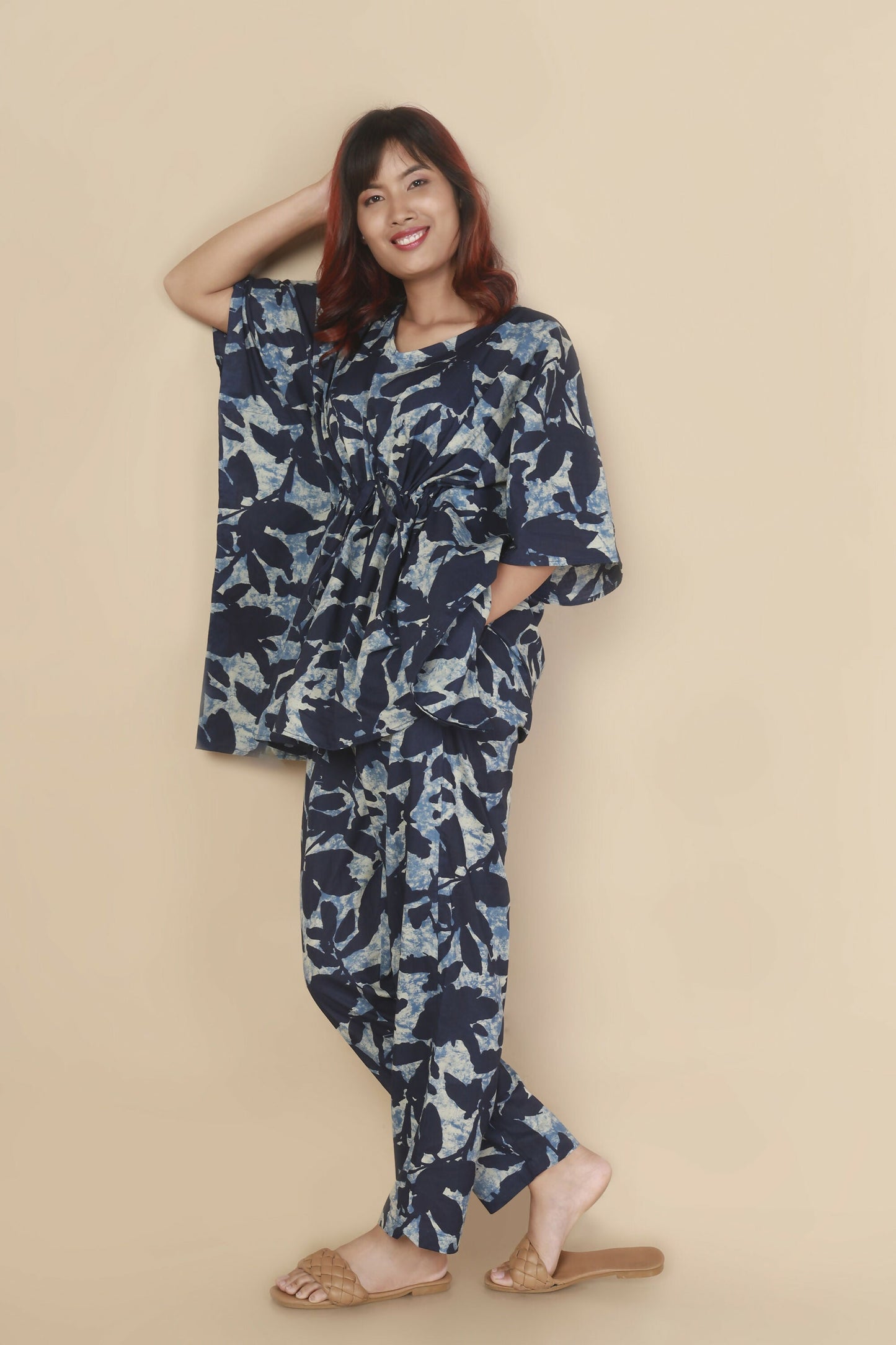 Breathables Women’S Loungewear Kaftan Cotton Blue Floral Print Co-Ord Set