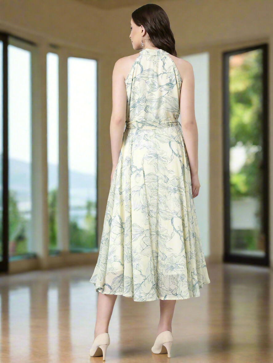 Souchii Cream & Blue Floral Chiffon Maxi Dress