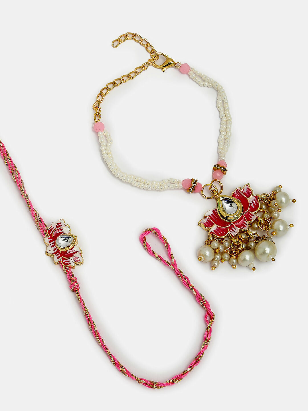 NVR Women & Men Set of 2 Pink Lotus Shape Kundan-Studded & Beaded Handcrafted Wraparound Rakhi Set With Roli Chawal