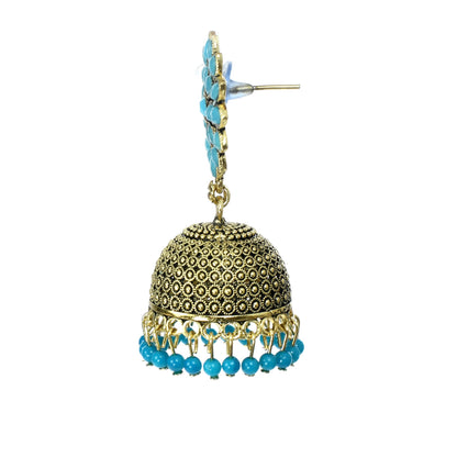Mominos Fashion Johar Kamal Beautiful Kundan Work Jhumka With Sky Blue Beads